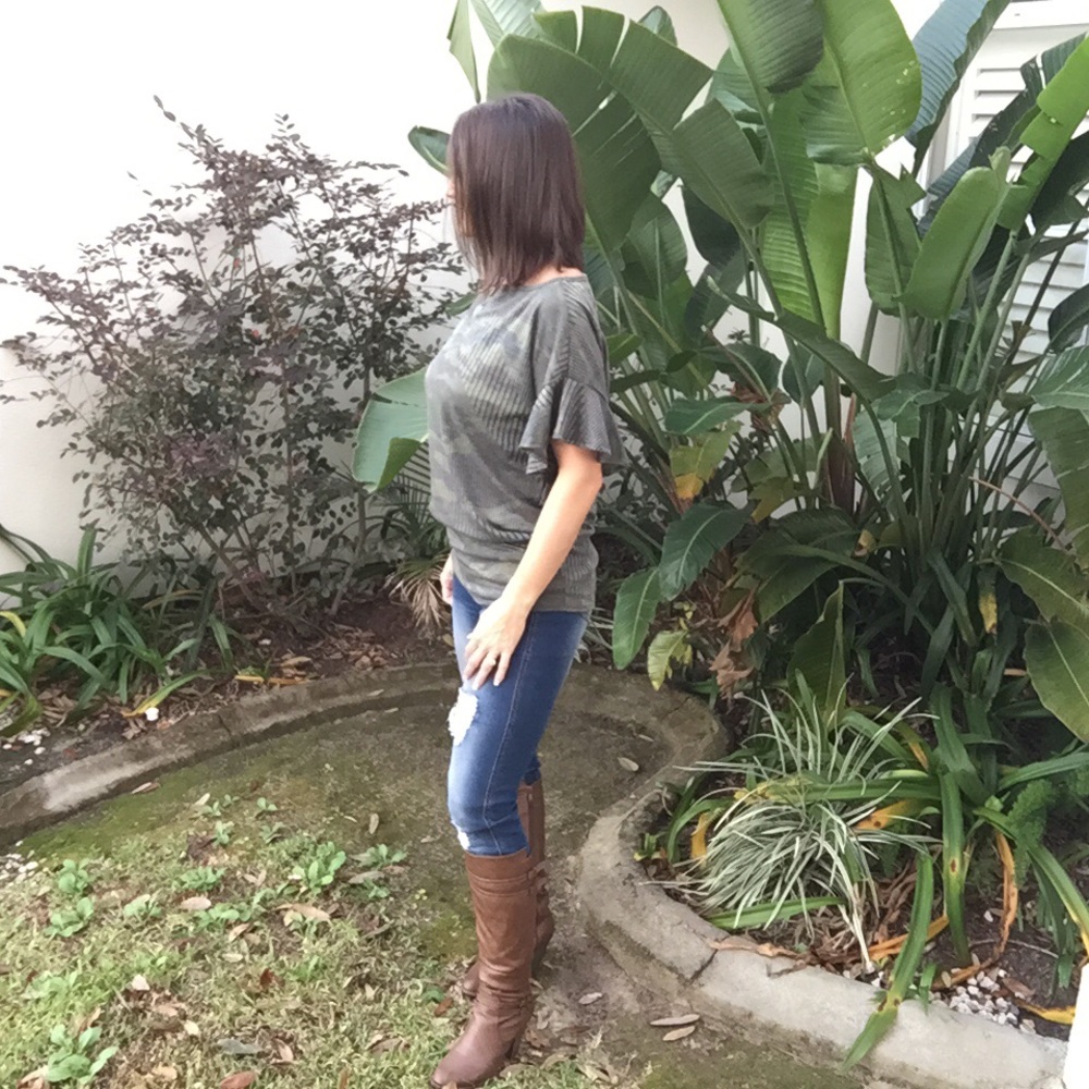 Camouflage Ribbed Ruffle Off Shoulder Dolman Top Green 0919 - Picture 10 of 12
